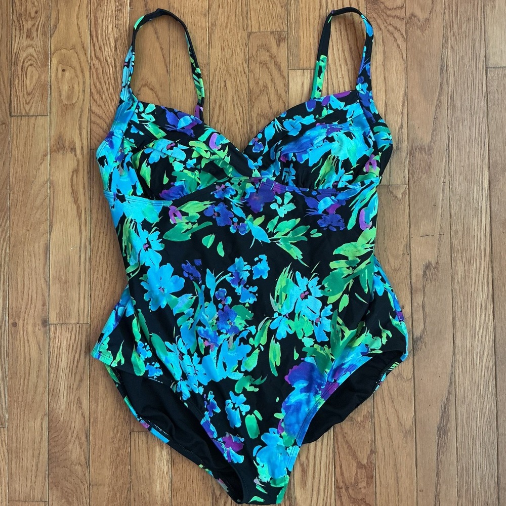 Catalina One Piece Ladies Swimsuit Black Green Blue Floral 2X 18W-20W Tropical